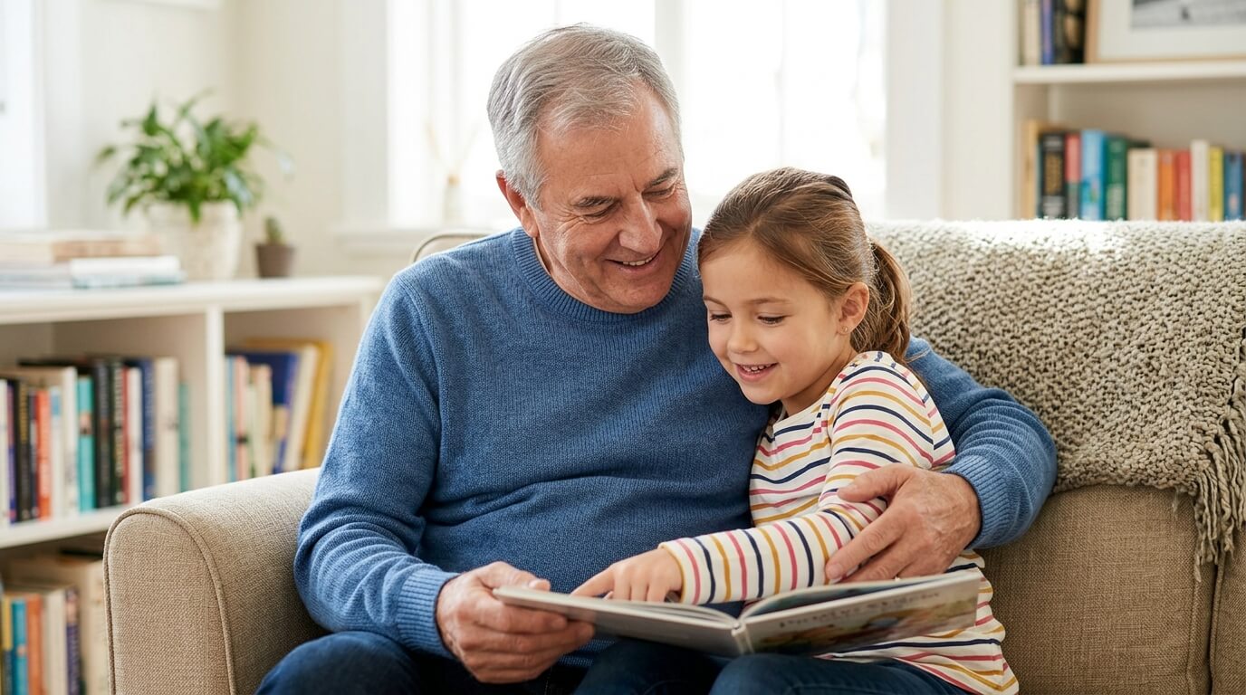 A grandfather reading a book with his grandchild.