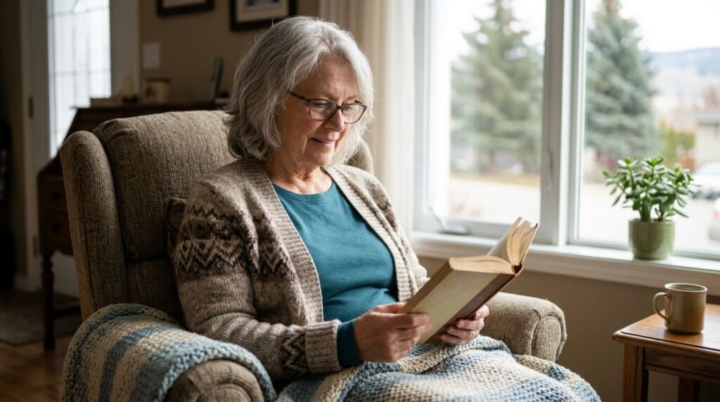 A senior adult reading a book in a living room.