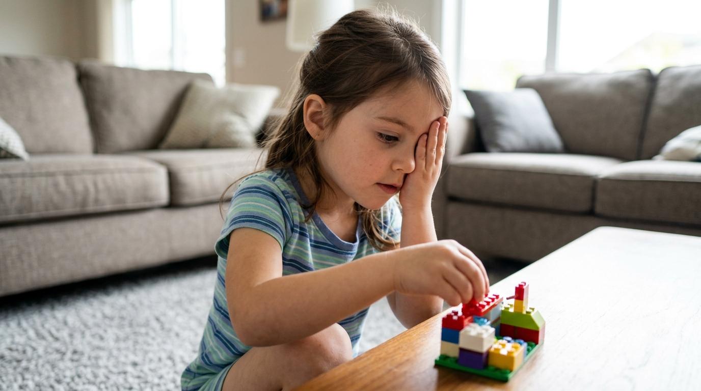 A child covering 1 eye to focus on a toy and tilting their head to see clearly.