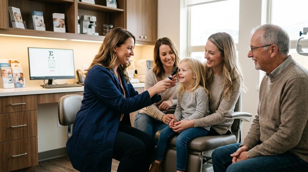 Optometrist discussing family eye care treatment options with an adult and child in a clinic
