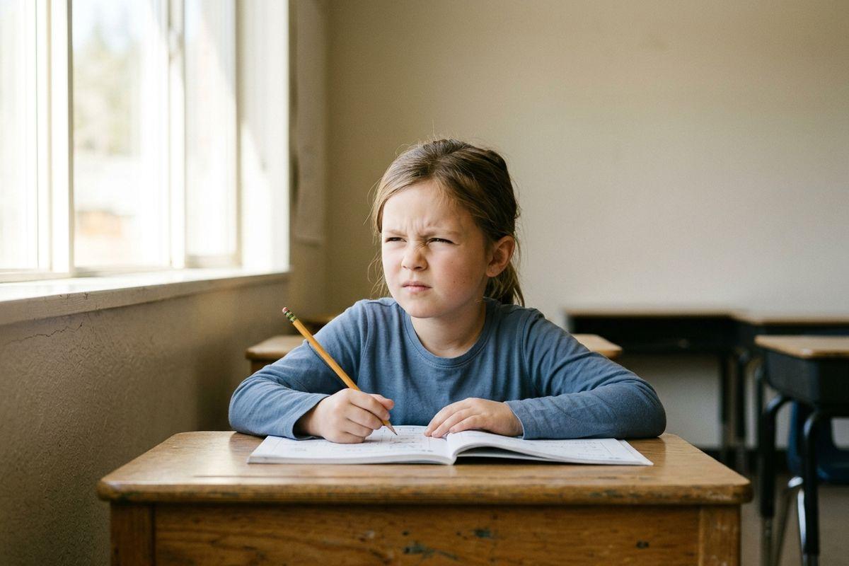 Child at a wooden classroom desk holding a pencil over an open workbook, frowning while looking toward a window.