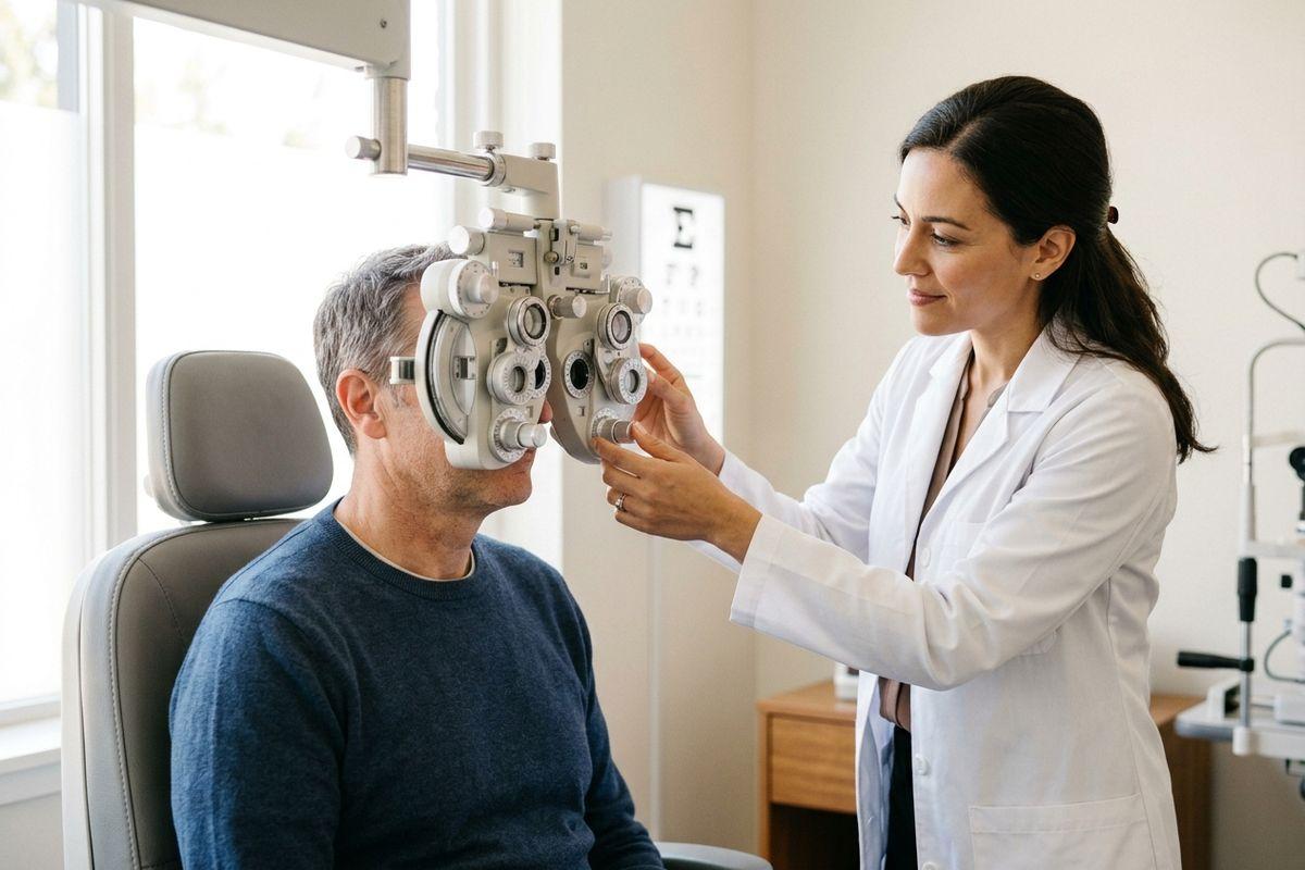 Optometrist adjusts a phoropter over a seated patient's eyes during an exam, with an eye chart on the wall.