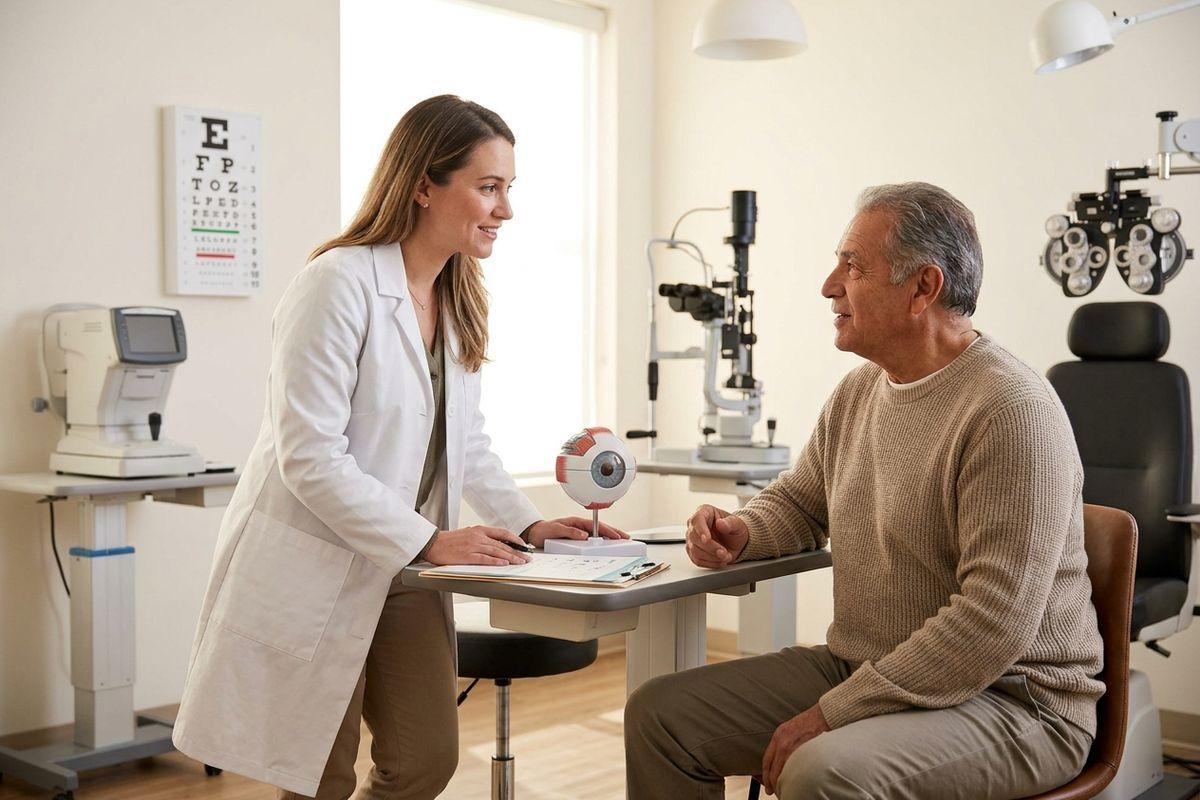 Optometrist talking with a seated older patient beside an eye model, with eye chart and exam equipment in the room.