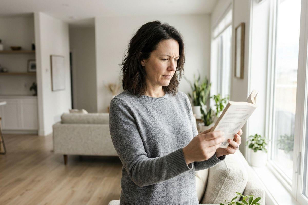 Person in a gray sweater reading a book near a bright window in a living room, focused expression.
