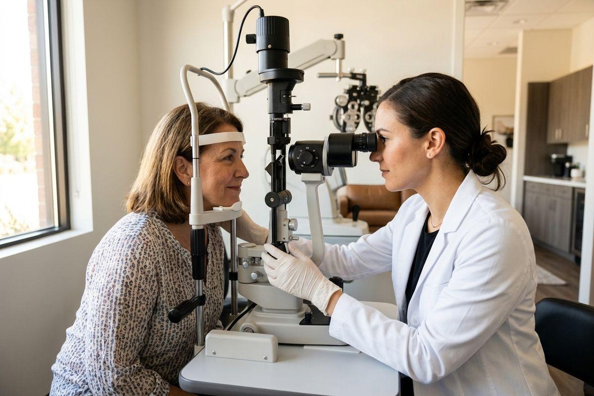 Optometrist examining a patient's eyes with a slit lamp during an eye exam.