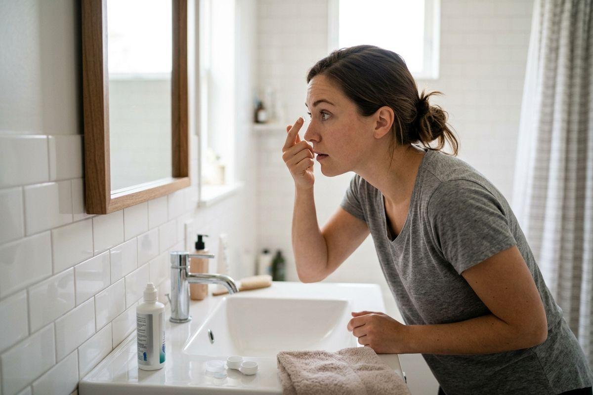 Person inserting a contact lens into their eye at a bathroom mirror, with lens solution and case on the sink.