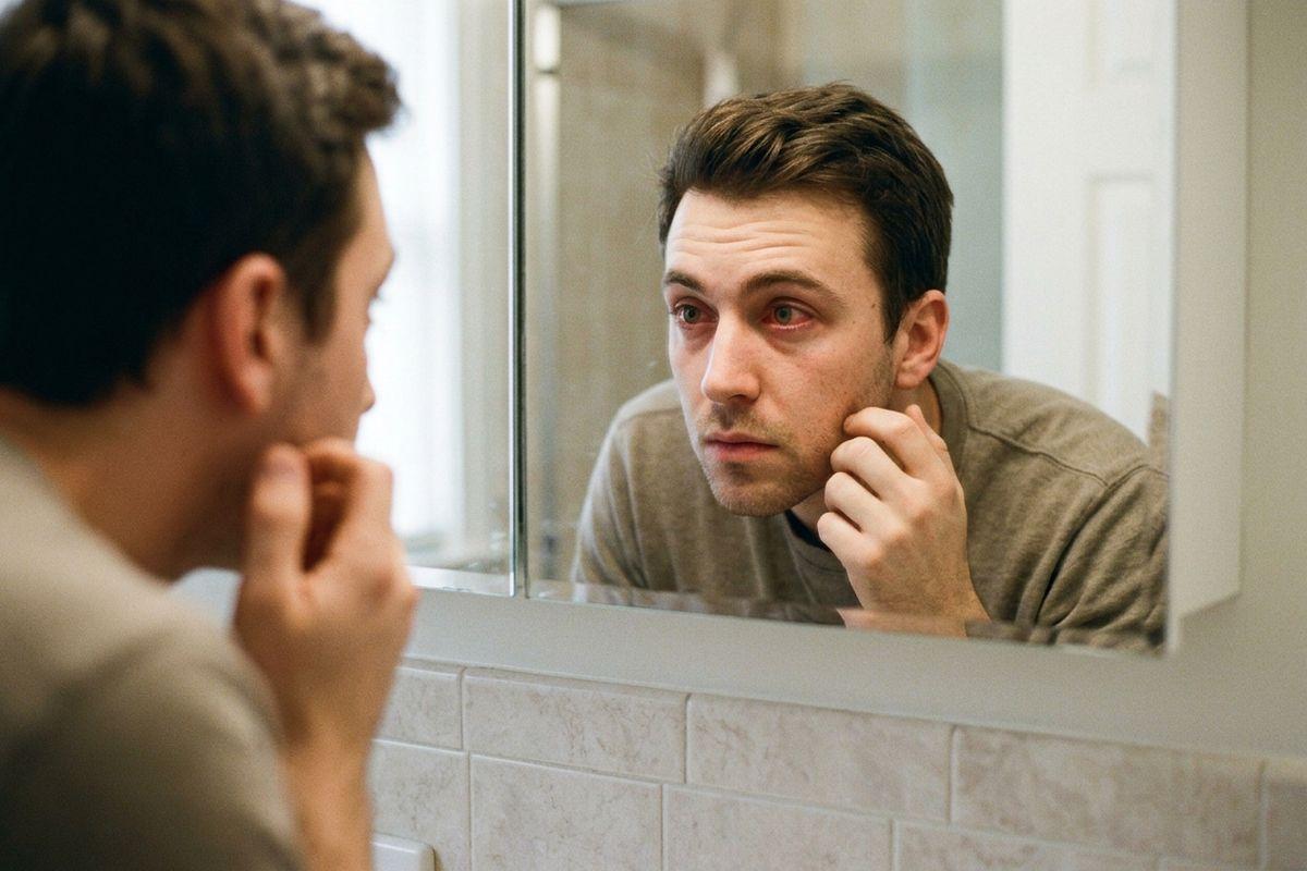 Adult leaning toward a bathroom mirror, touching their cheek and closely examining their face in the reflection with a focused expression.