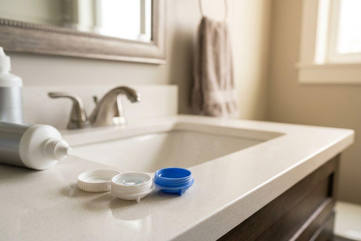Open contact lens case with white and blue caps on a bathroom counter beside a solution bottle, sink and mirror in background.